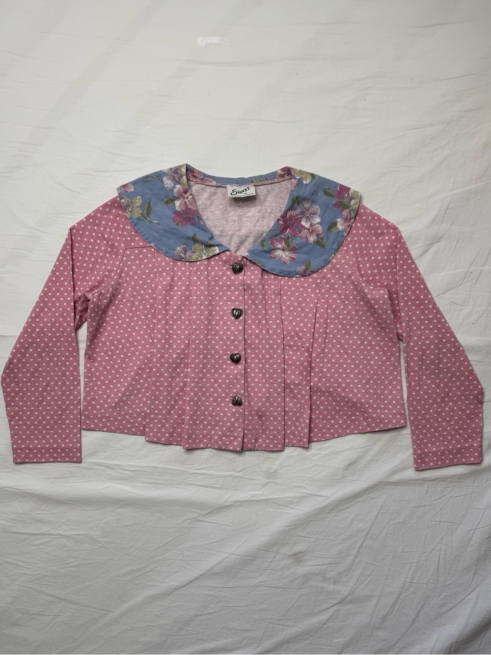Swat -  Vintage Pink Polka Dot Long Sleeve Top with Floral Collar
